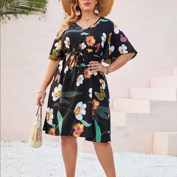 Plus size tropical floral print V neck belted dress - Picture 5 of 9